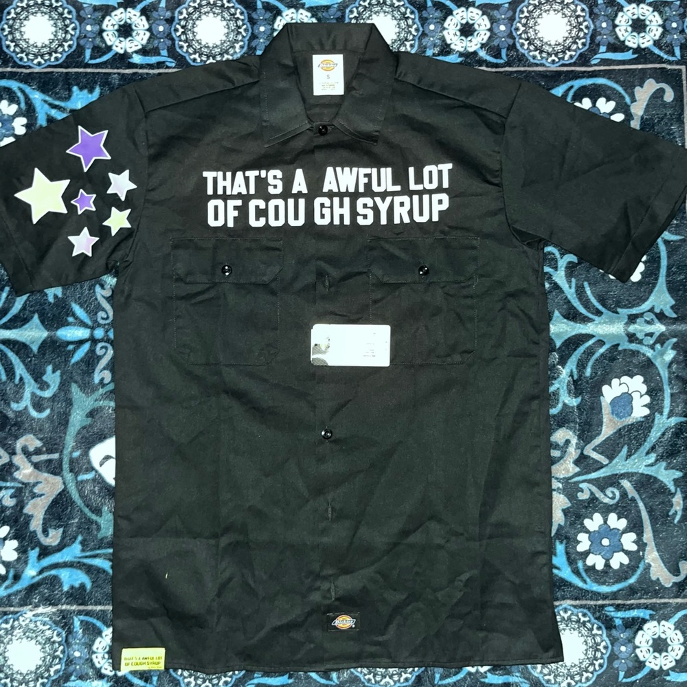 Dickies Black Short-Sleeve Work Shirt with White Slogan and Purple Accent Stars